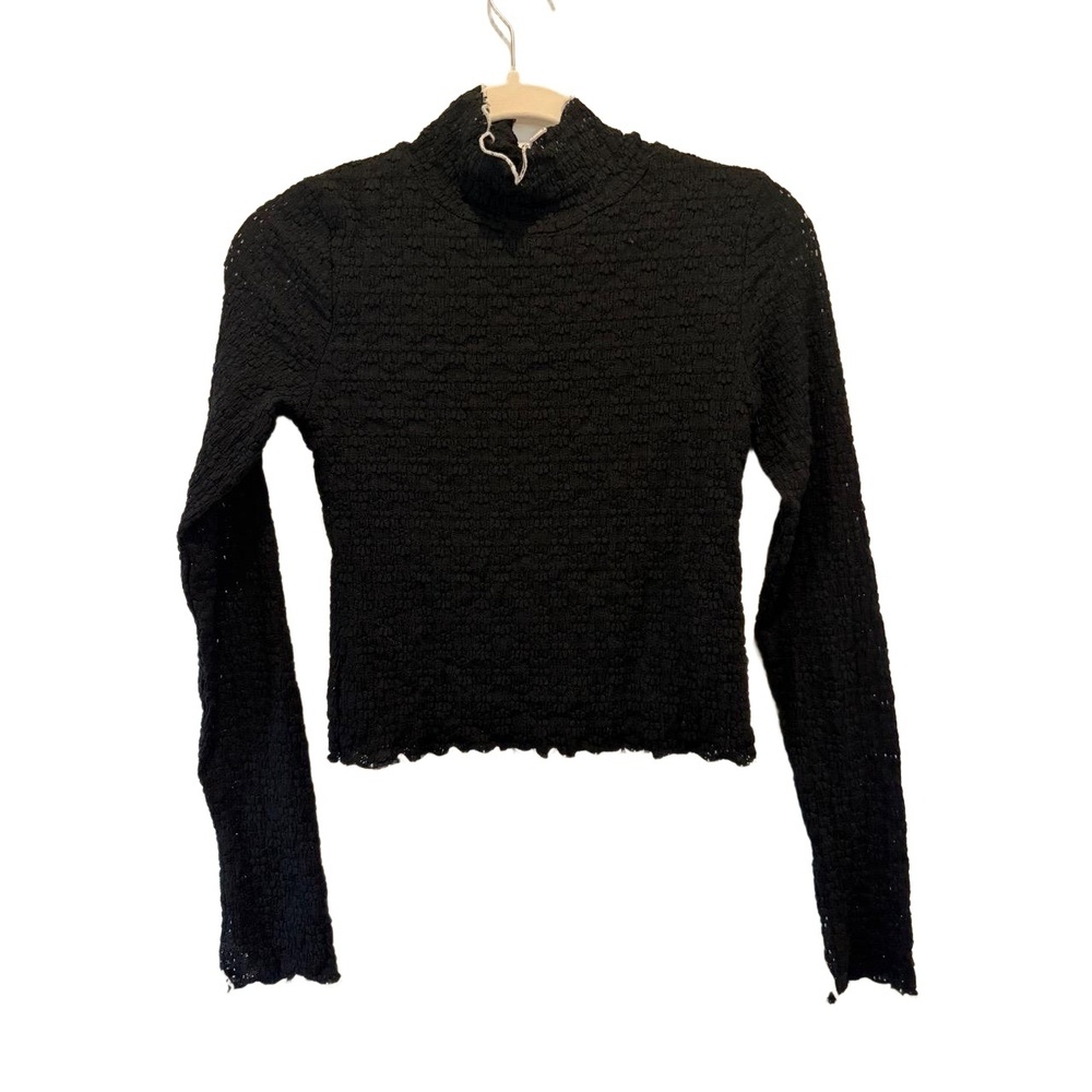 Promesa Black Textured Smocked Long Sleeve Mock Neck Top Lettuce Edge Trim EUC
